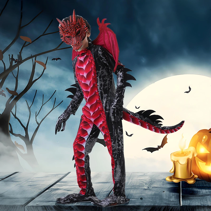 Halloween Photoshoot Red and Blue Kids Dragon Costume front view